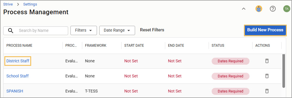 Process management interface showing the ability to build a new process or select an existing one.